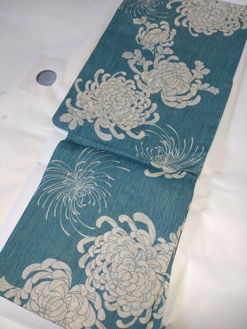 ✿新品未使用　綿麻浴衣　人気浴衣　夏着物　ターコイズブルー　大人浴衣　碧色　菊