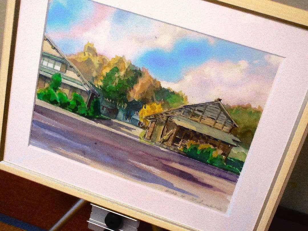 長閑な農家の風景 水彩画 額装済み