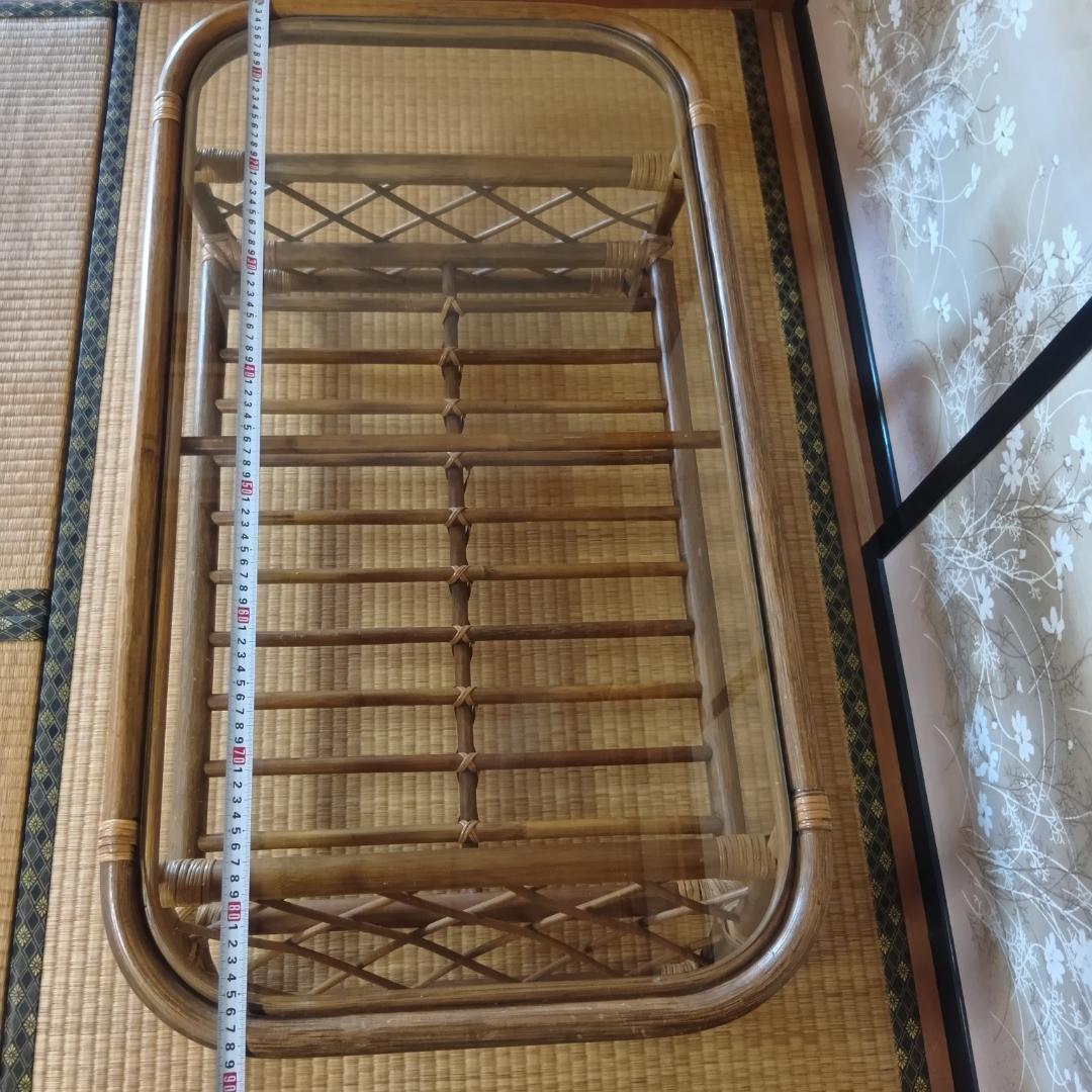ラタン ガラストップ座卓 約89cm