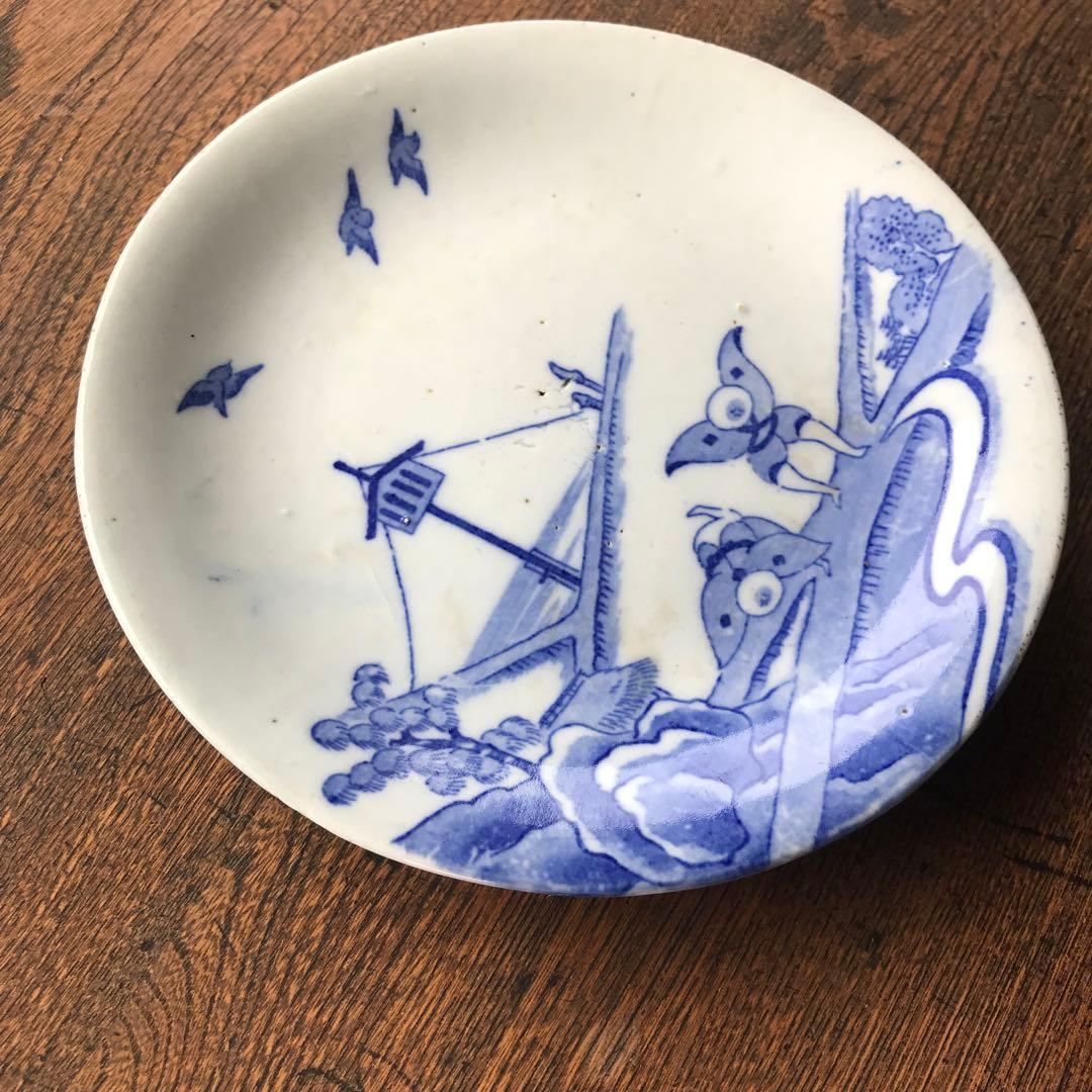 ＊図変わり印判　すずめ踊り　皿　銅版染付　銅摺り印判　明治　大正　古道具＊