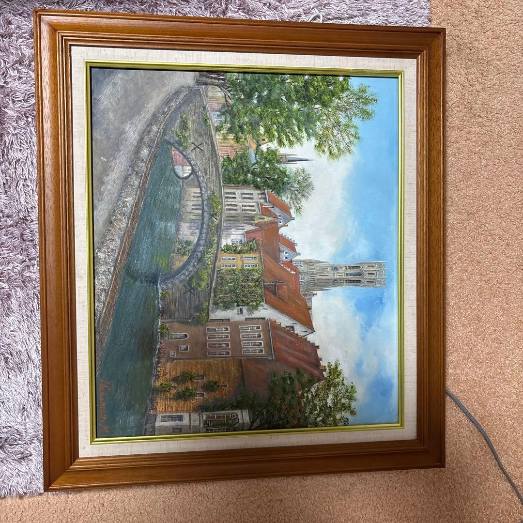 中村政邦作　プラハ風景画　クラシックブラウン額縁 金色ライン