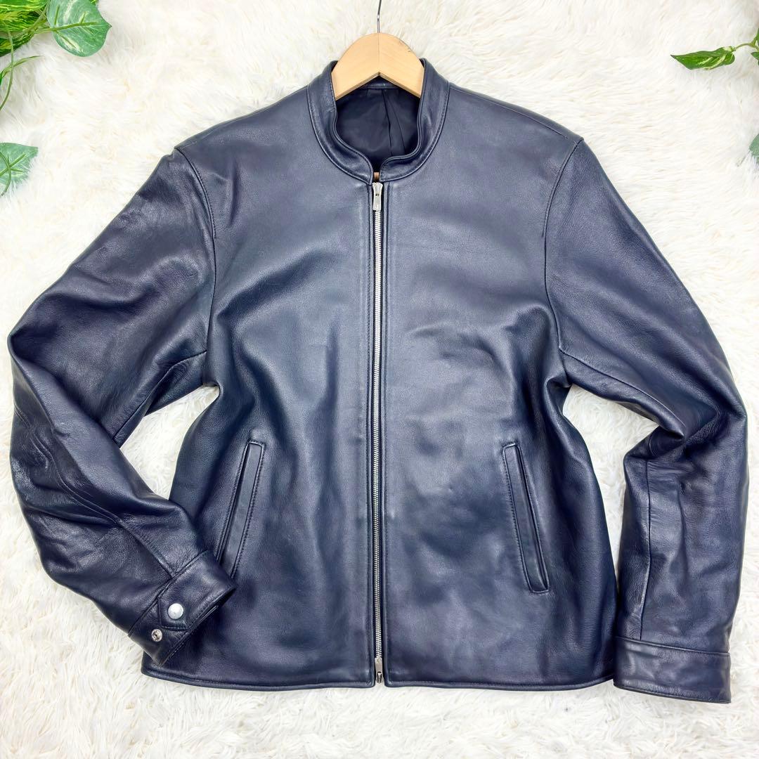 コムサイズム　ラムレザー　羊革　シングルライダース　レザージャケット　LL　紺色