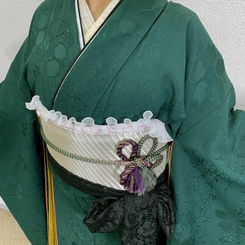 509z15.509y14.小物〇色無地 中振袖 桜 地紋 深緑 嘘つき袖付き〇