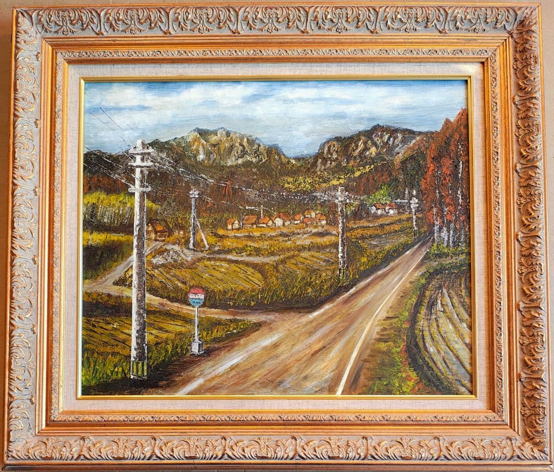 【F12号】大型 油絵 風景画 額縁入り バス停 山道 アンティーク 肉筆