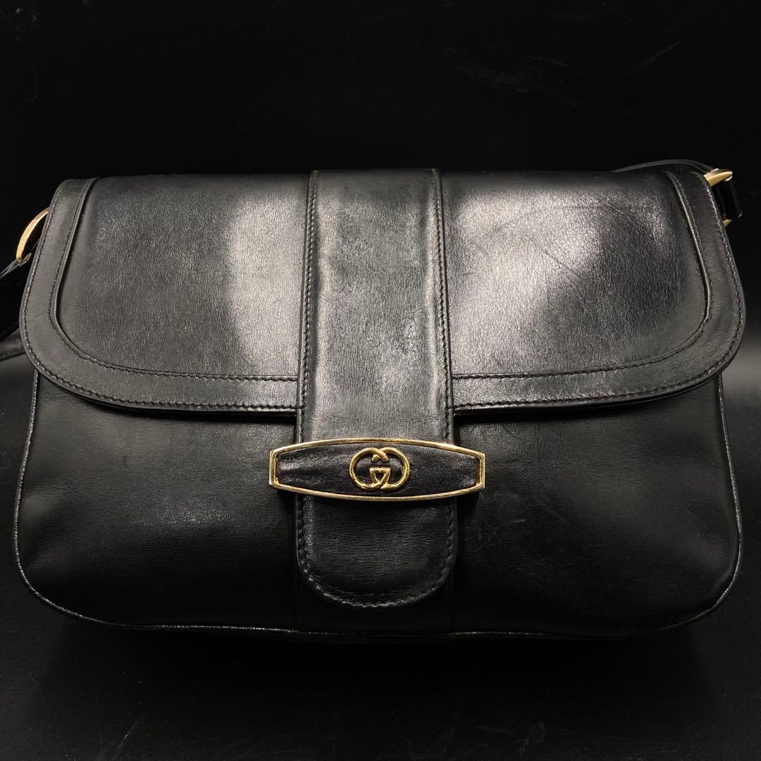 オールドグッチ ショルダーバック インターロッキング ロゴ ブラック レザー
