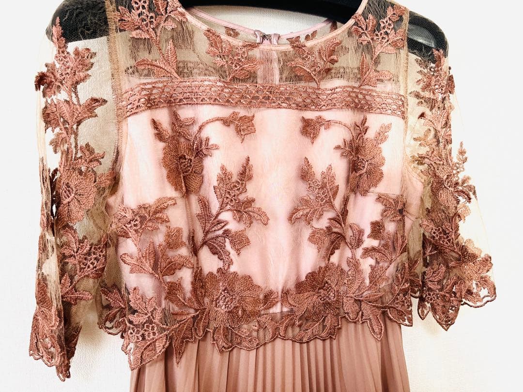 フラワー刺繍 レース 切り替え プリーツロング パーティー ドレス結婚式お呼ばれ