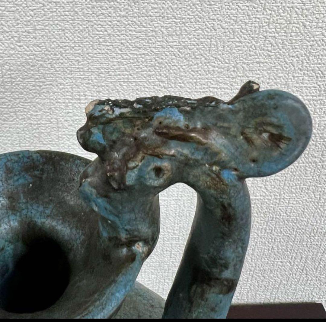 中国古美術　遼時代藍釉鶏首壷 青緑色の陶器壺古文化