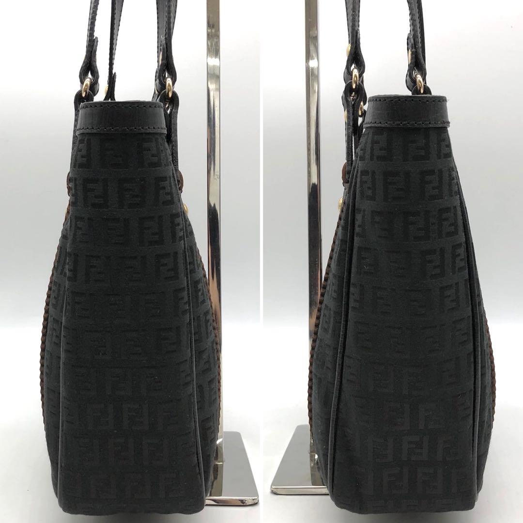 ✨極美品✨フェンディ ハンドバッグ ズッキーノ ロゴ金具 キャンバス レザー 黒