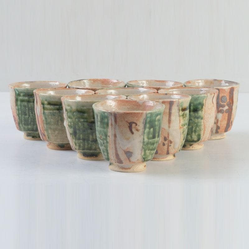 マサオ 煎茶道具　織部焼　煎茶碗　十客　陶印有　時代箱　V　9322