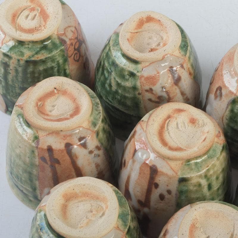 マサオ 煎茶道具　織部焼　煎茶碗　十客　陶印有　時代箱　V　9322