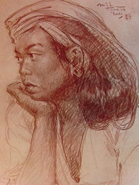 LEE-MAN-FONG（李　曼峰）、バリ女の素描、希少な額装用大判画集画