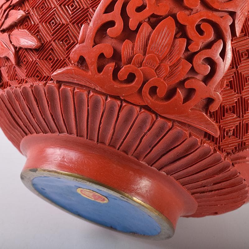 中国　剔紅　堆朱　内七宝　花文瓶　V　R7912