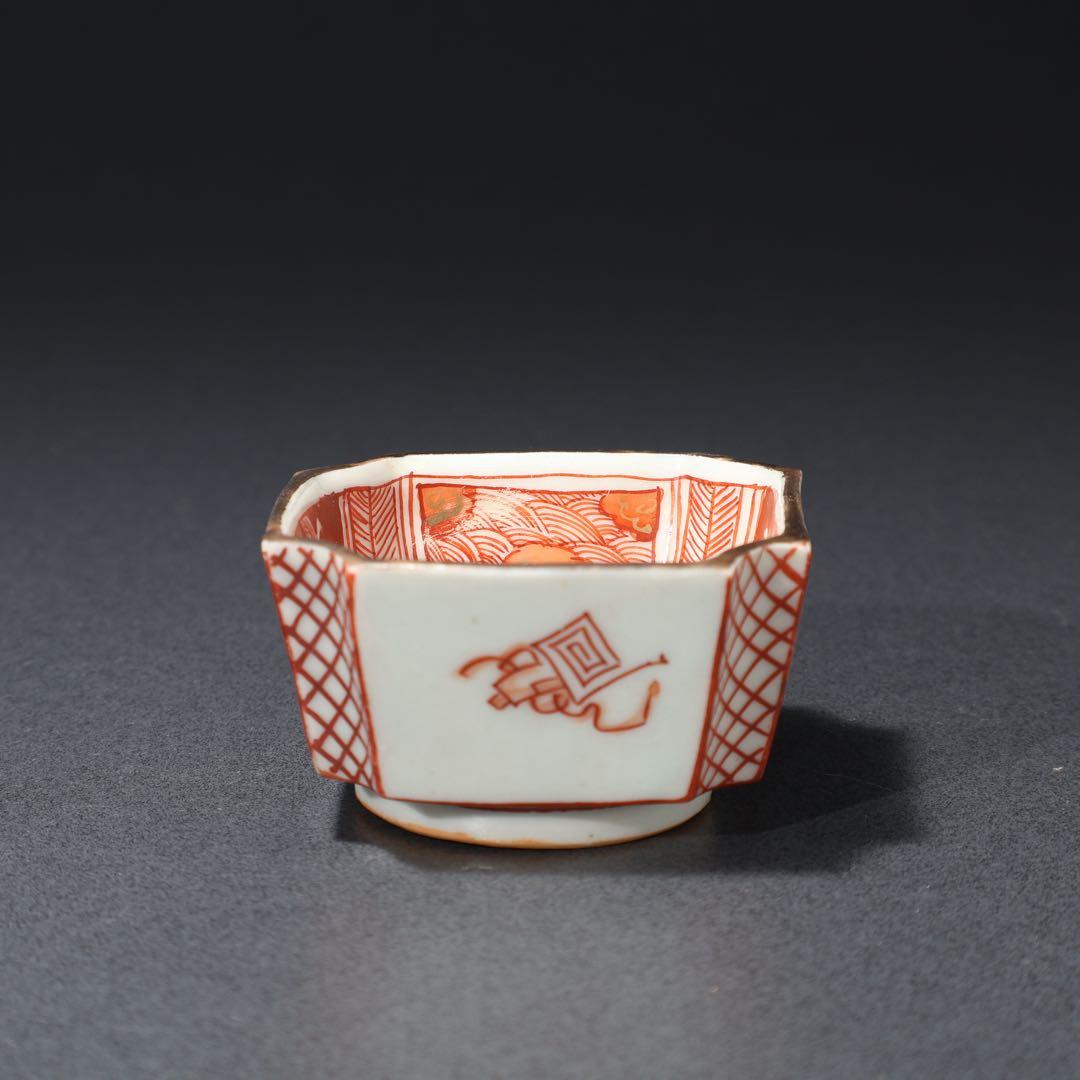 九谷赤絵　隅切　花図猪口５客　骨董　R1476wダC