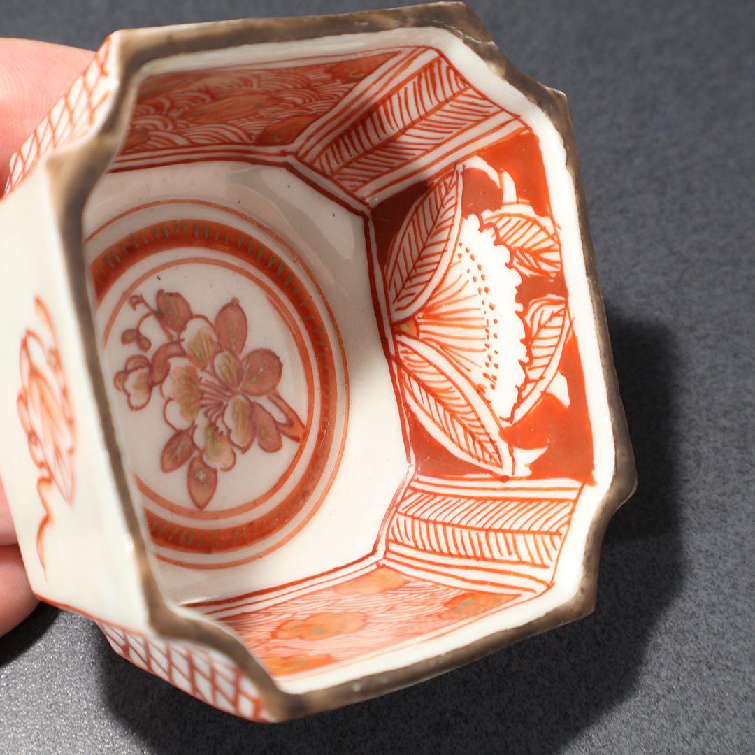 九谷赤絵　隅切　花図猪口５客　骨董　R1476wダC