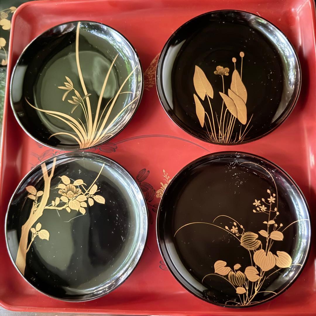 新春特別価格 ‼️茶人の心JAPAN蒔絵貴人の風雅な『四季の花』絵替木皿20客桐箱