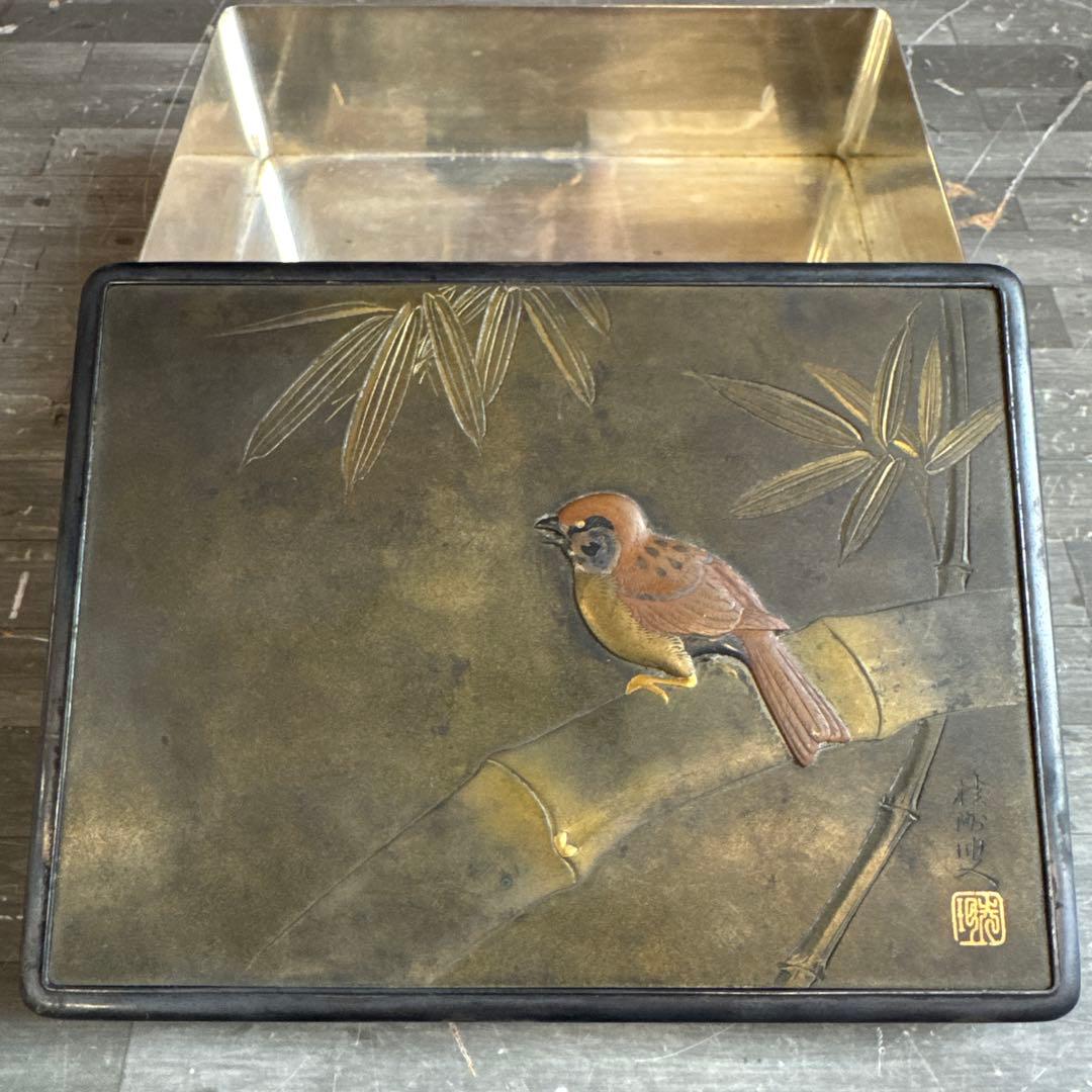 明治時代 純銀 竹と鳥 銀煙草入 銀巻莨箱 書付箱 銀箱