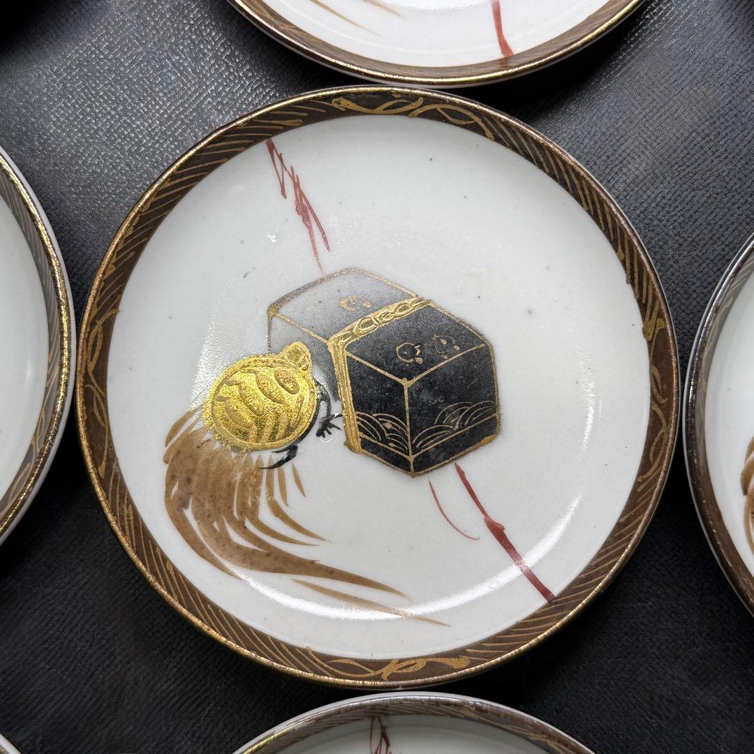 時代 九谷焼 小皿10.5cm 16枚【無傷】浦島太郎 明治 骨董 アンティーク