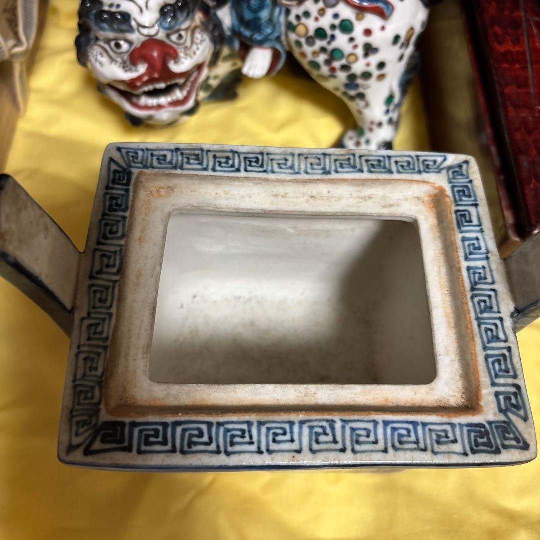 九谷   古美術     【染附 】   獅子摘み　大迫力　香炉　アンティーク