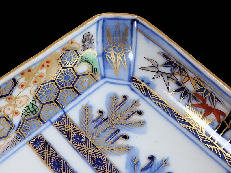 大聖寺伊万里　金襴手　亀甲紋に松竹梅　若松の図　長皿　E375AS-COw