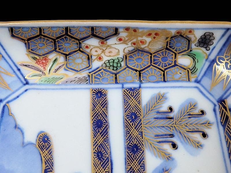 大聖寺伊万里　金襴手　亀甲紋に松竹梅　若松の図　長皿　E375AS-COw