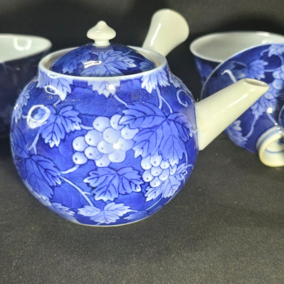 煎茶道具 香蘭社 染付け茶器 手描き葡萄文 時代物 旧家蔵出 未使用美品 中国茶