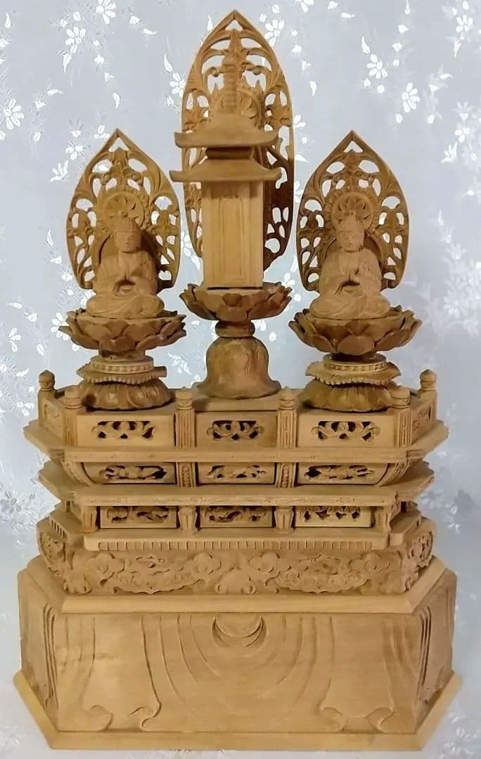 三宝尊 [極小#85] 題目宝塔 釈迦如来坐像 多宝如来坐像 ◆白檀 木彫 仏像