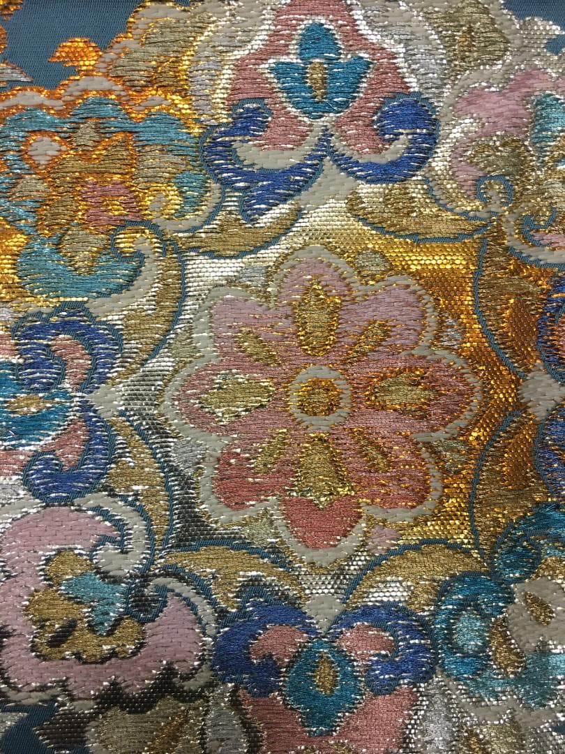 西陣織 手織り彩り蜀甲華紋 水色 六通柄袋帯