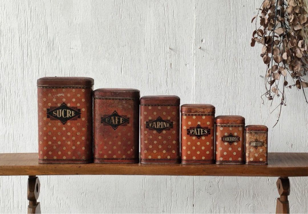 フランス アンティーク tin can キャニスター 6個 ティン缶 ドット柄