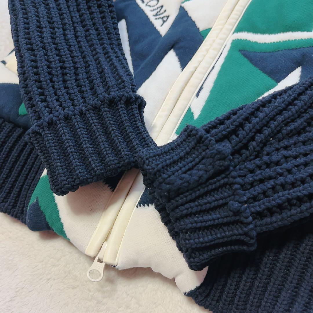 極美品　マークアンドロナ　ニットジャケット　裏地付　柄　ブルゾン　ネイビー