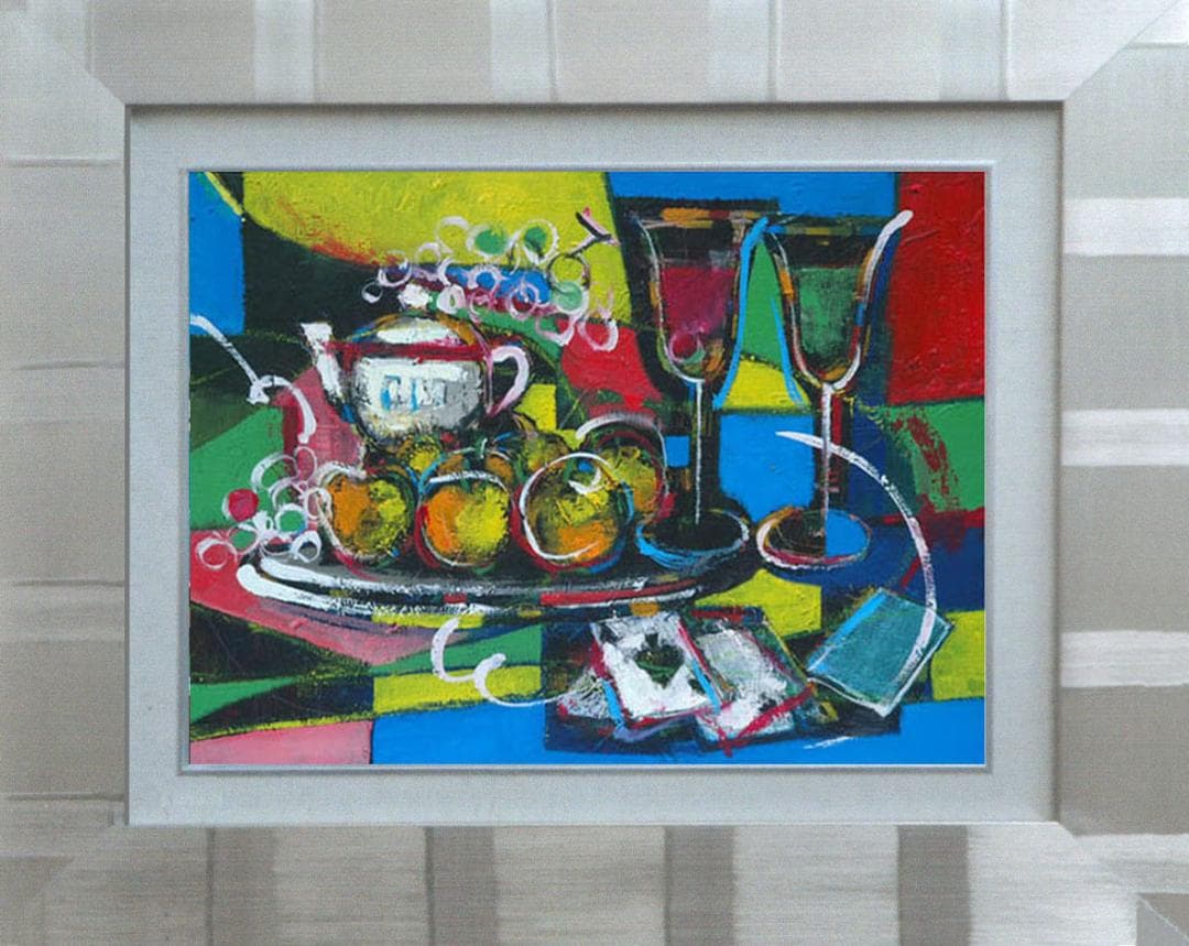 油絵 菅家令子 絵 絵画インテリア 額付(青緑＋金色の枠) uF6-120309