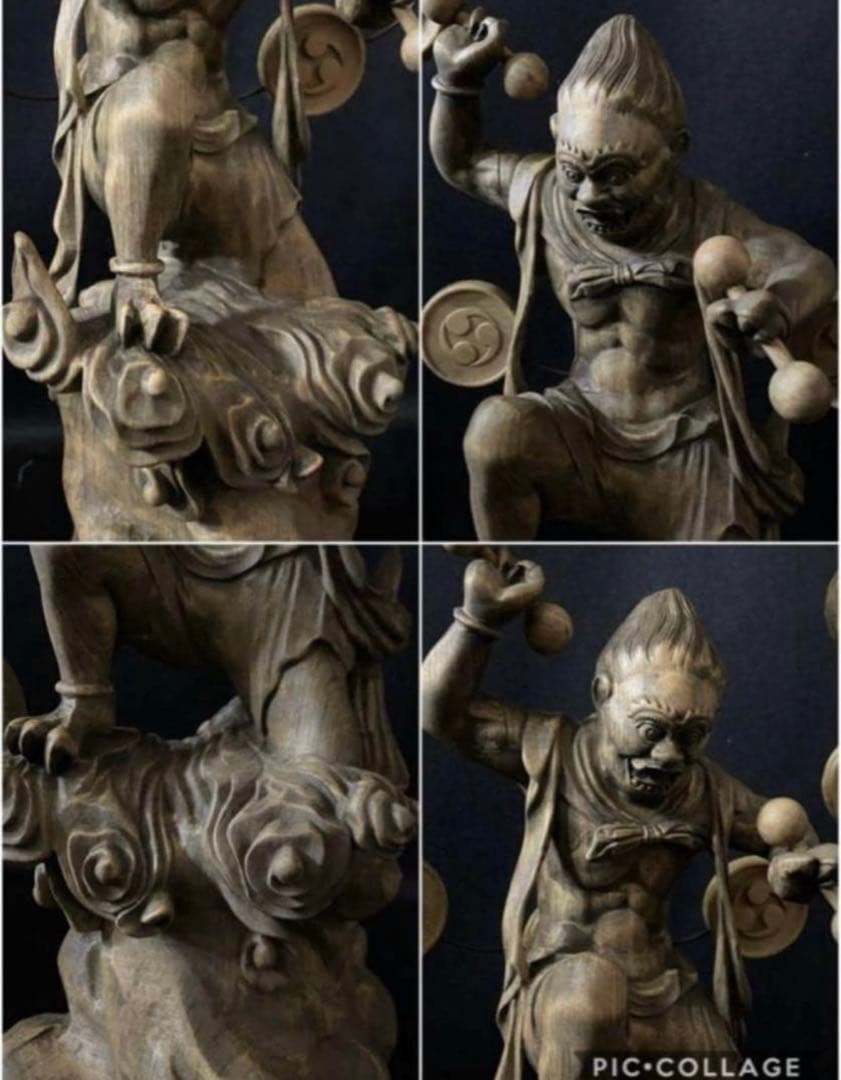 総楠材　高27cm 最大32cm 木彫仏教　仏師で仕上げ品　風神雷神図一式