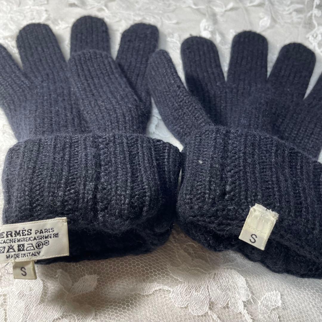 エルメス カシミヤ手袋 ダークブルー 5本指　暖かい
