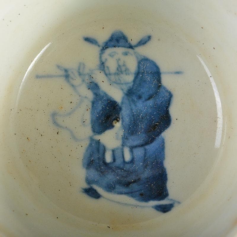 中国　大明成化年製款　青花　煎茶碗　五客　古竹　崇菊銘　碗筒付　D　R6835