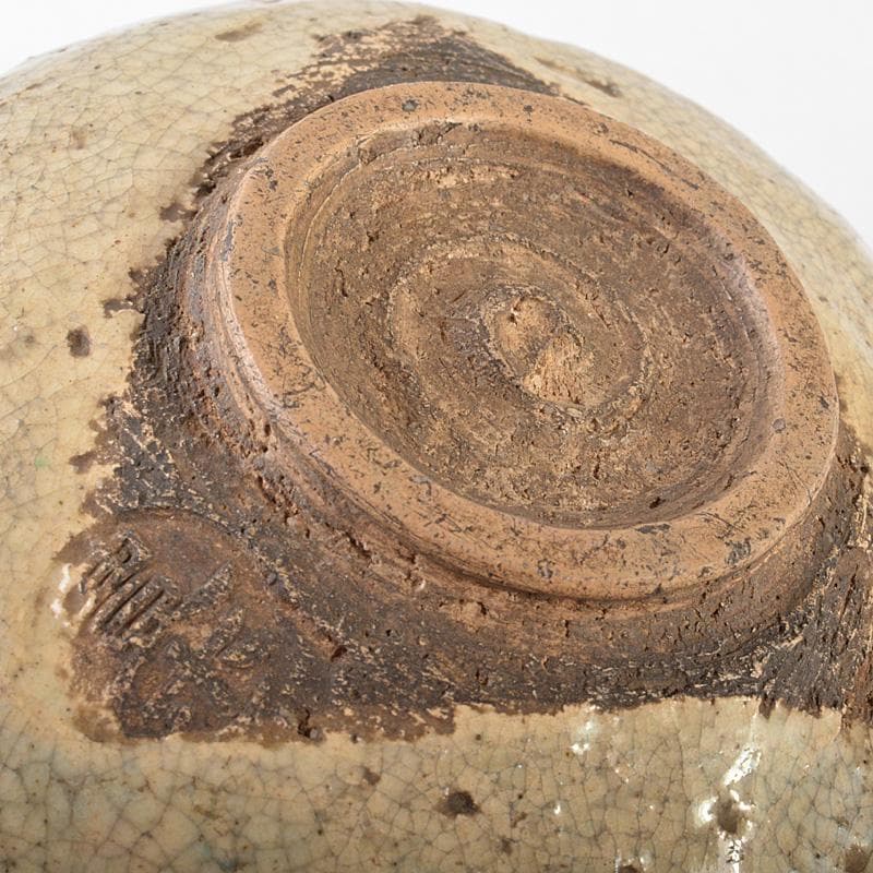 豊楽焼　六代　大喜豊助作　染付鶴文　楽茶碗　九代豊助極め箱　C　R7259