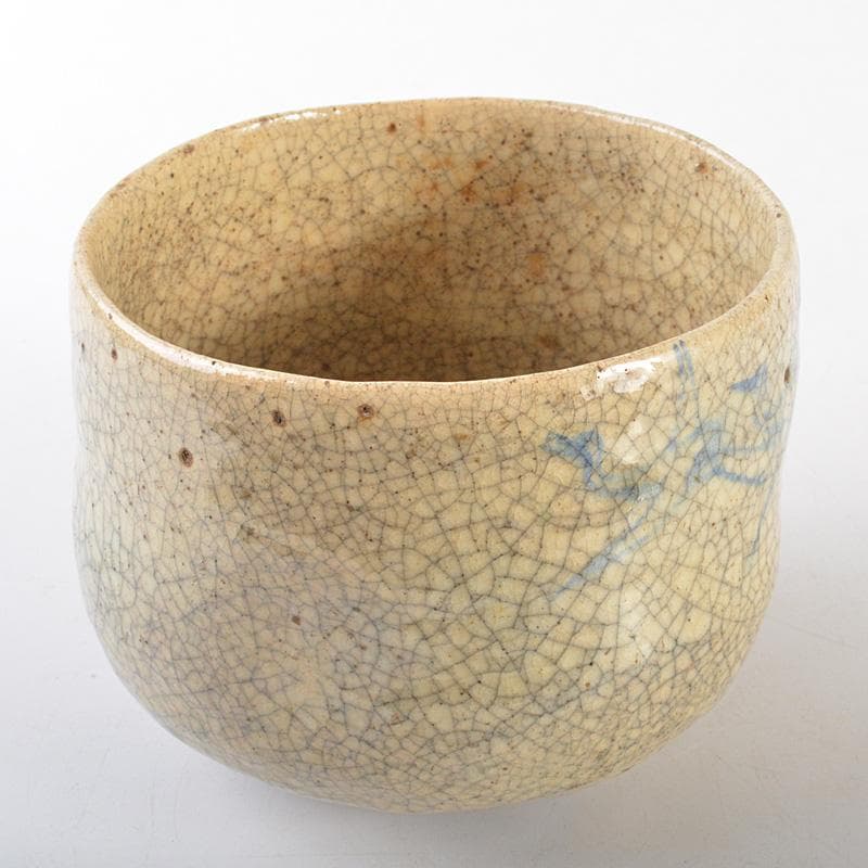 豊楽焼　六代　大喜豊助作　染付鶴文　楽茶碗　九代豊助極め箱　C　R7259