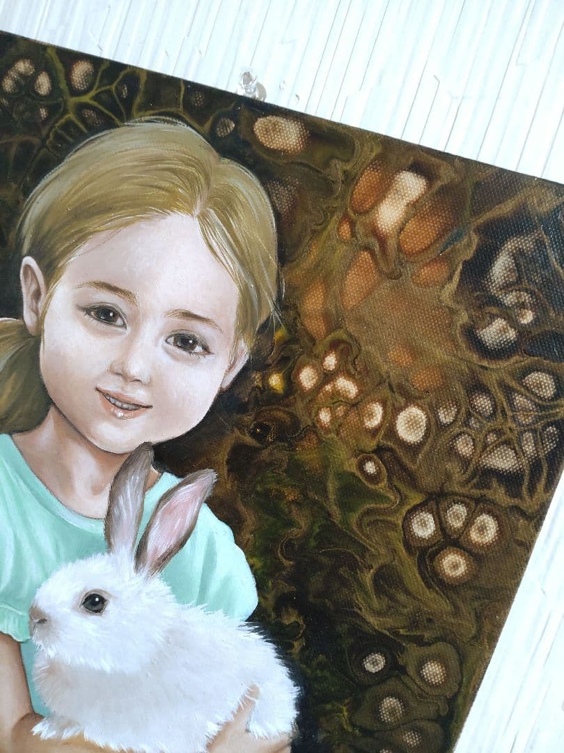 少女の人物画/油絵【兎と少女】1点物の原画/作者サイン入り◆キャンバス油彩画