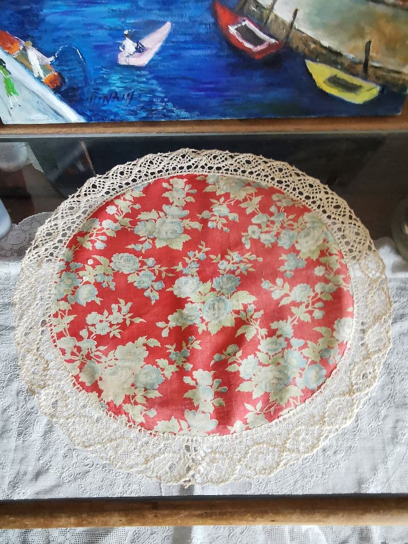 アンティーク フレンチ花柄ファブリック＆クロシェボビン編みレース装飾 ドイリー