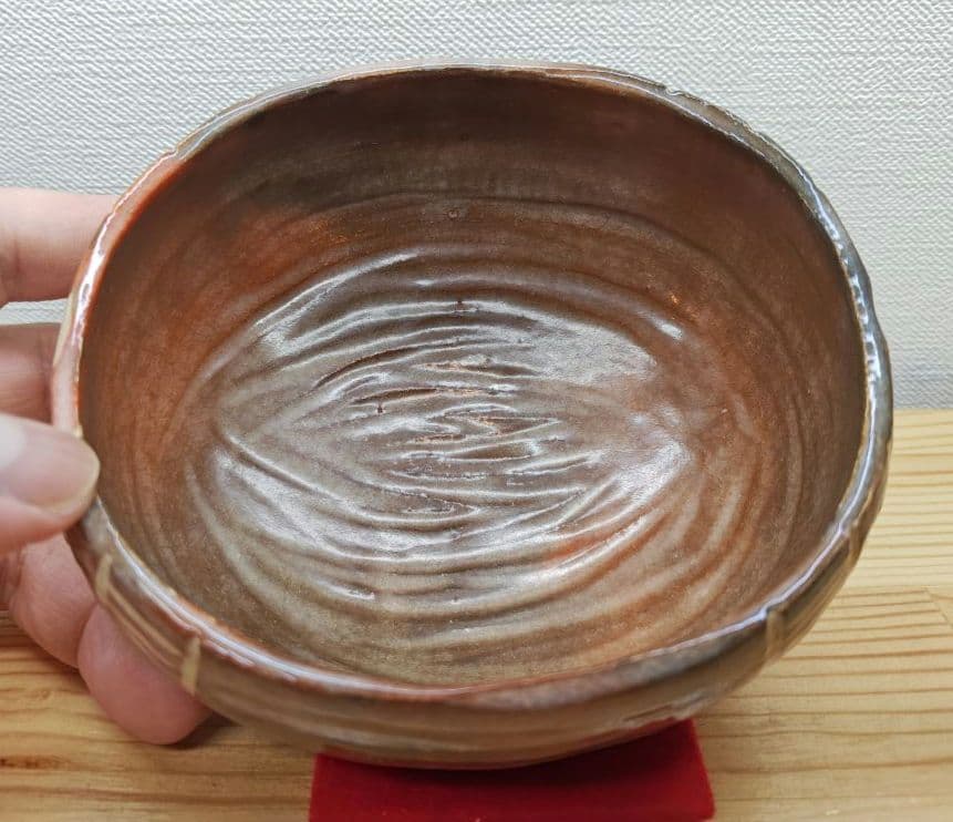 送料込【逢絢亭】茶道具 茶碗 楽焼 赤楽 俵形茶碗 表千家書付 楽吉左衛門 共箱