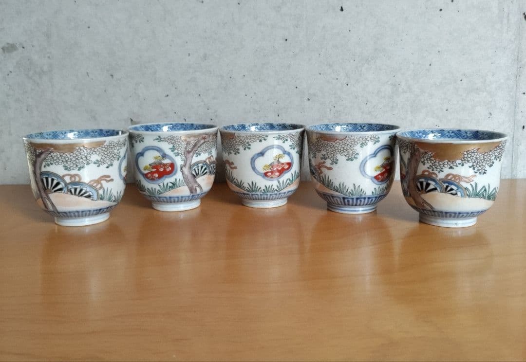 骨董 伊万里 猪口5客 色絵 源氏車紋 NO443