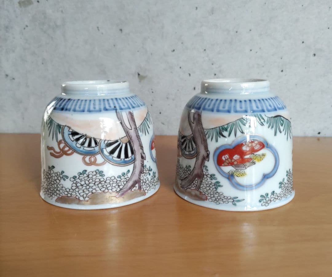 骨董 伊万里 猪口5客 色絵 源氏車紋 NO443