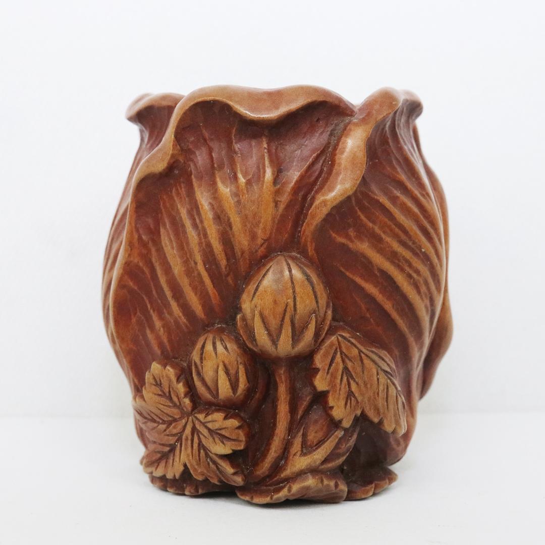 木彫　木前 造　黄楊木　茶巾筒　籠形　煎茶道具