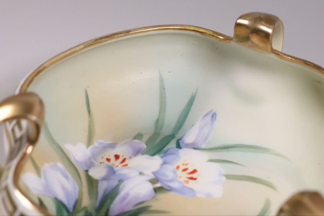 【CM307】オールドノリタケ 草花 三耳 皿 鉢 幅18.3cm 金彩 水仙