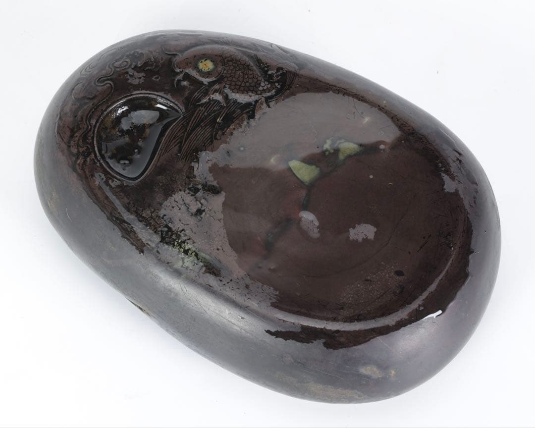 中国古玩 端渓硯 鯉図陽刻 唐木台付 文房四宝 書道具 古美術 骨董品 中国美術