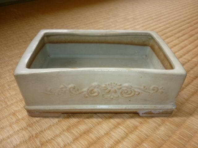 希少1960年頃◆水野正雄 陶翠 長方白交趾 蘭・菊・梅・竹「四君子」彫入盆栽鉢