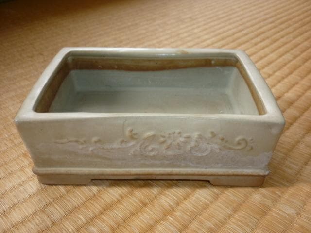 希少1960年頃◆水野正雄 陶翠 長方白交趾 蘭・菊・梅・竹「四君子」彫入盆栽鉢