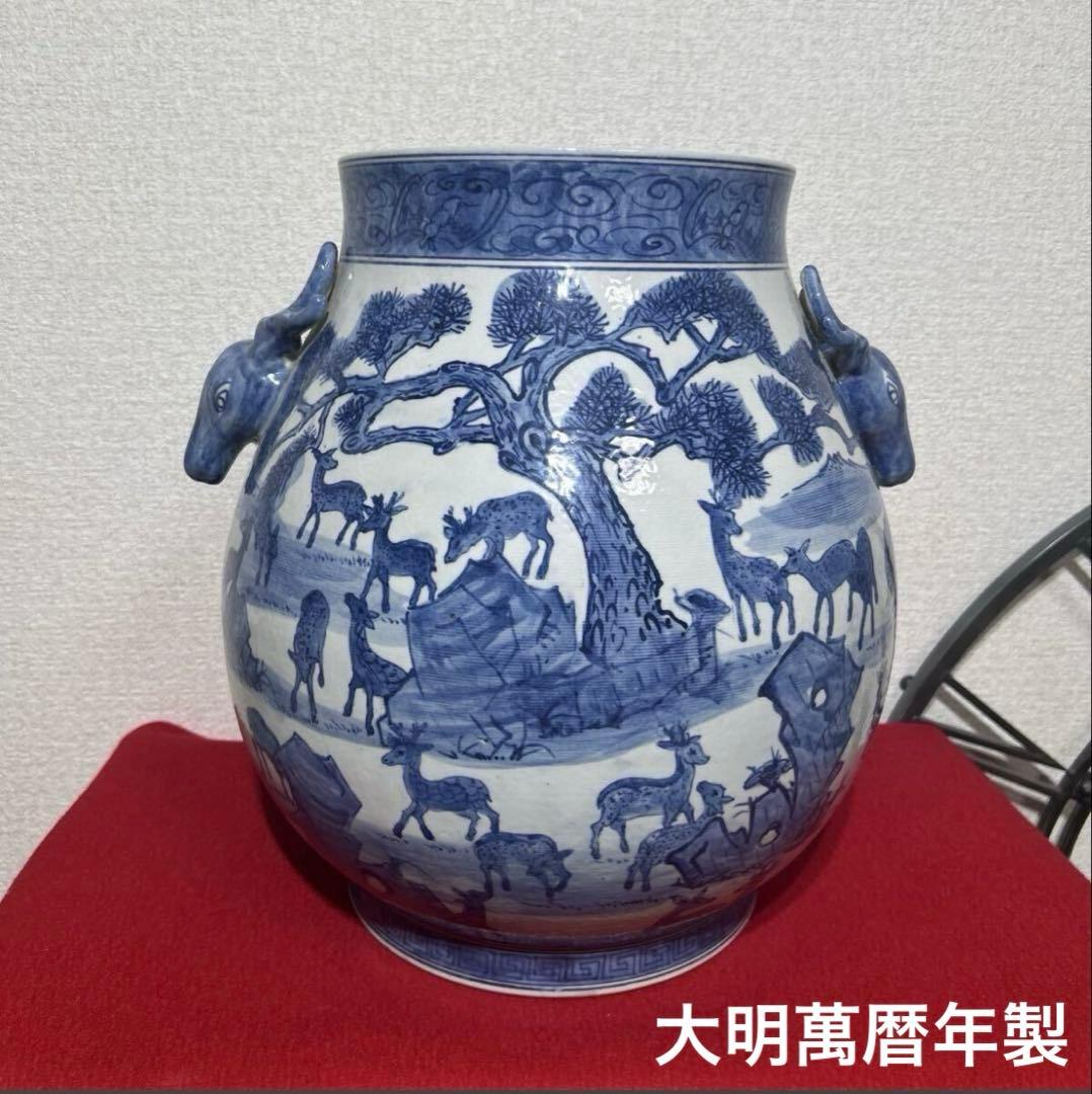 中国美術　百鹿図　鹿耳尊花瓶　青花　大明萬暦年製　骨董　双鹿耳大壺　染付
