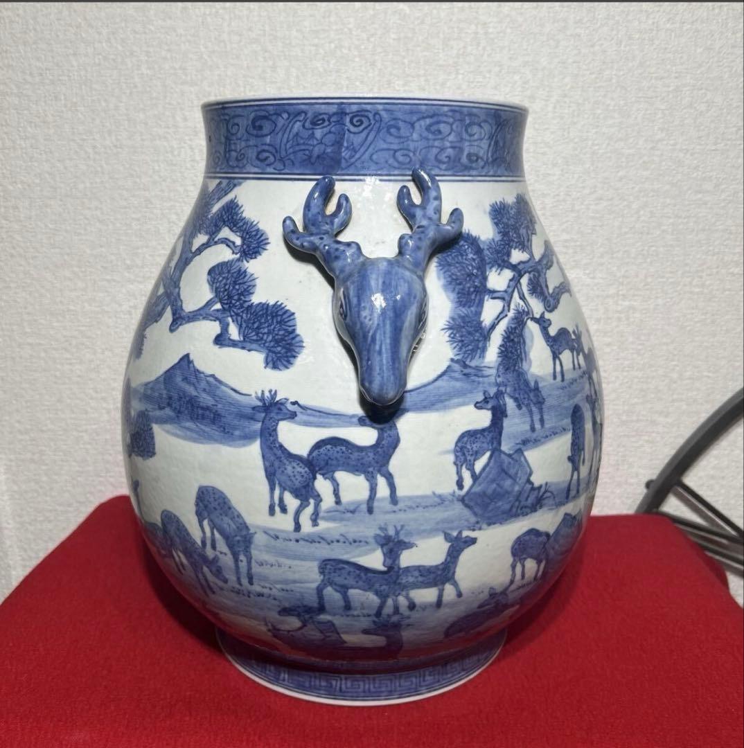 中国美術　百鹿図　鹿耳尊花瓶　青花　大明萬暦年製　骨董　双鹿耳大壺　染付