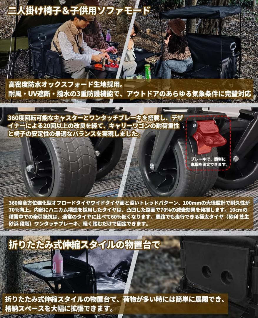 キャリーワゴン キャリーカート 10CM極太タイヤ・ブレーキ付】日よけテント付き