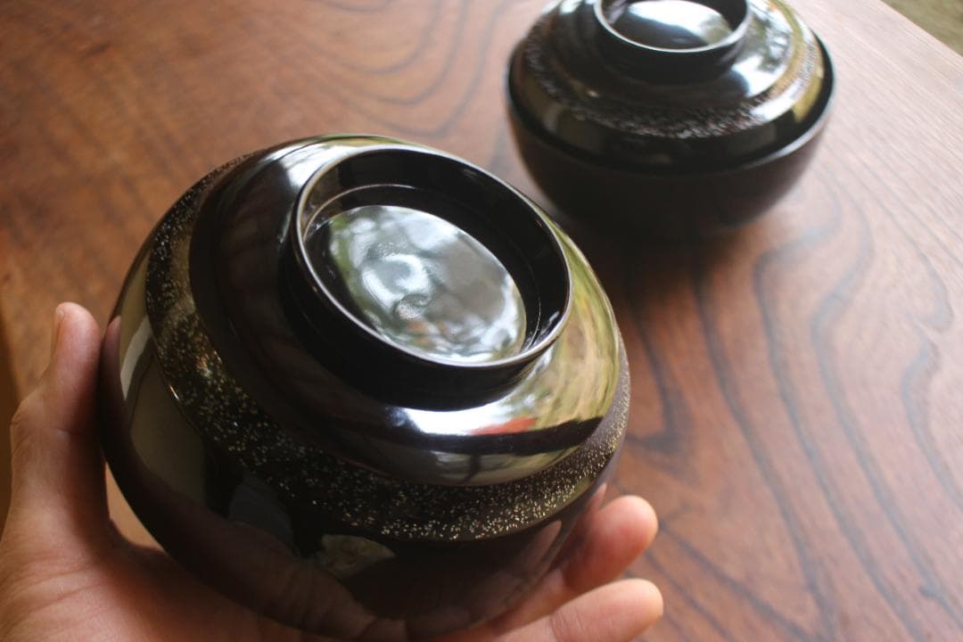 時代逸品！塗分け螺鈿黒漆に風情ある見返小槌蒔絵のお椀2点（検輪島塗蒔絵椀雑煮椀