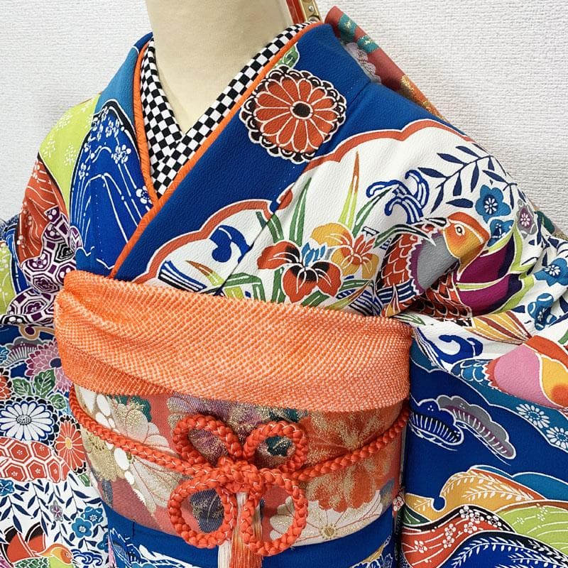 510z22☆紅型 中振袖 小柄な方にも 古典柄 青☆美品 成人式結婚式十三参り